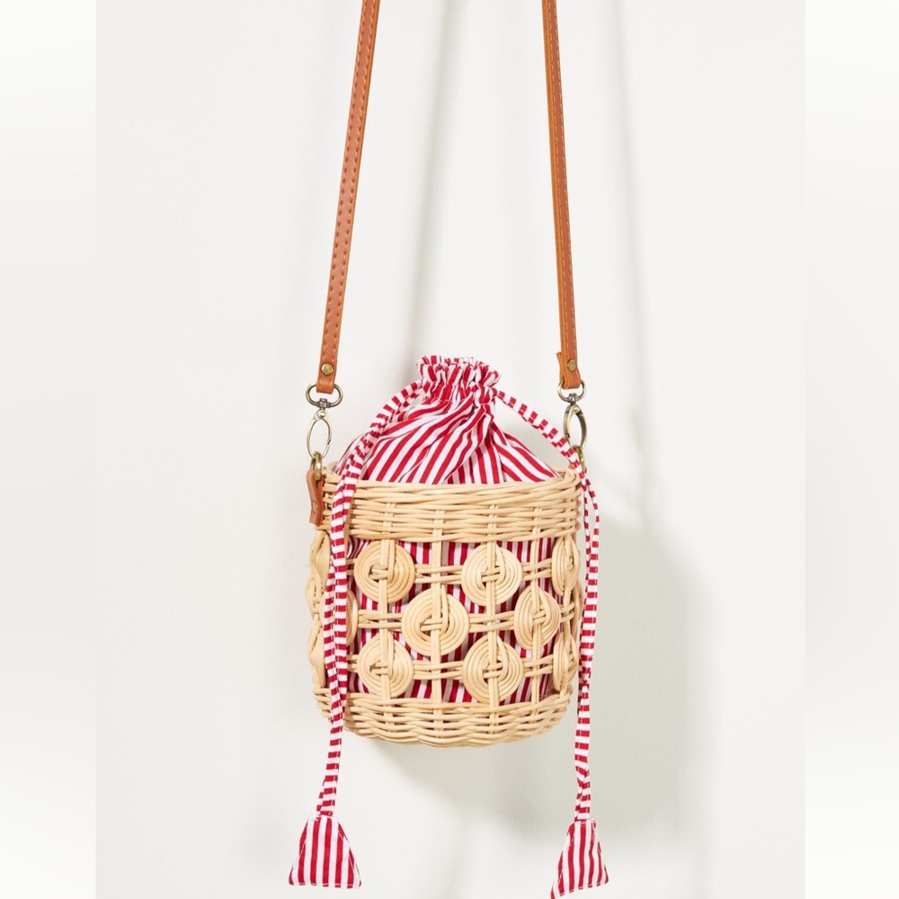NWOT Anthropologie Raffia Bucket Bag in Red and White Stripe
